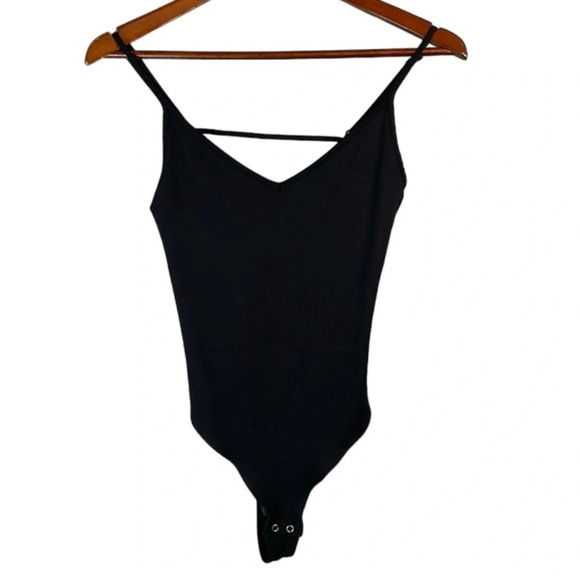 GARAGE Spaghetti Strap V-Neck Mesh Back Bodysuit Black Strappy Hi-Cut M - Picture 1 of 10